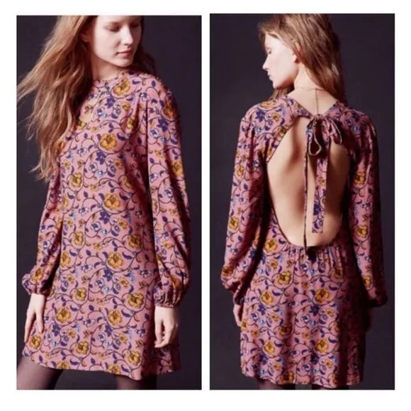 For Love And Lemons Pink Floral Mini Dress Size XS Open Back Long Sleeve Boho - Image 2