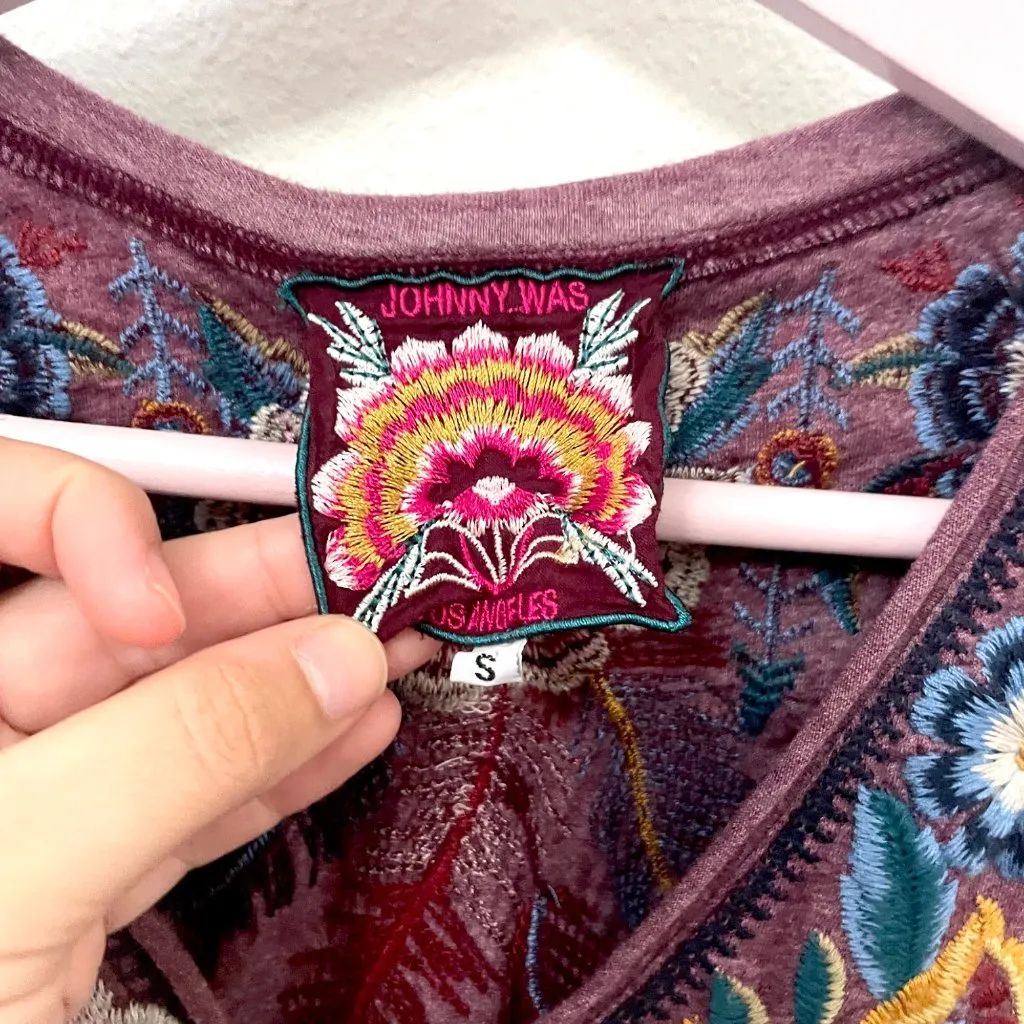 Johnny Was Darielle Flute Sleeve Tee Red Floral Embroidered Long Sleeve Top S - Image 3