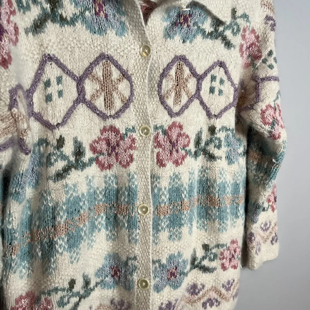 Vintage Express cottagecore handknit silk angora blend patterned cardigan - Image 2
