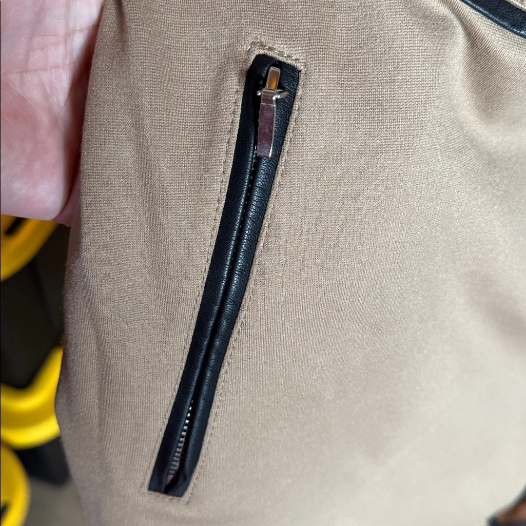 INC International Concepts Faux Leather Trim Khaki Moto Blazer Coat Size Large Tan - Image 3