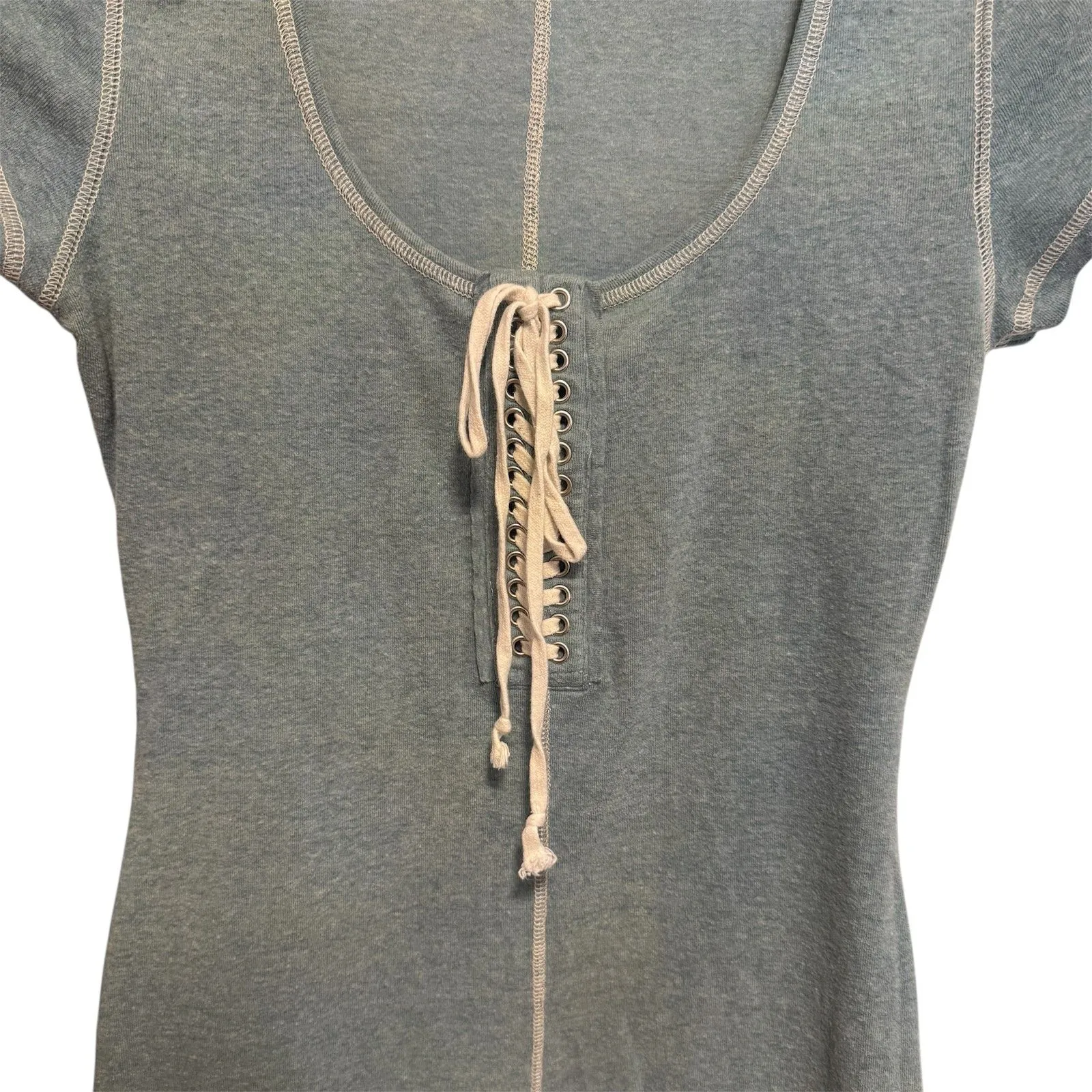 Patty Boutik Blue Lace Up Short Sleeve Blouse Size Small Contrast Stitching y2k - Image 3