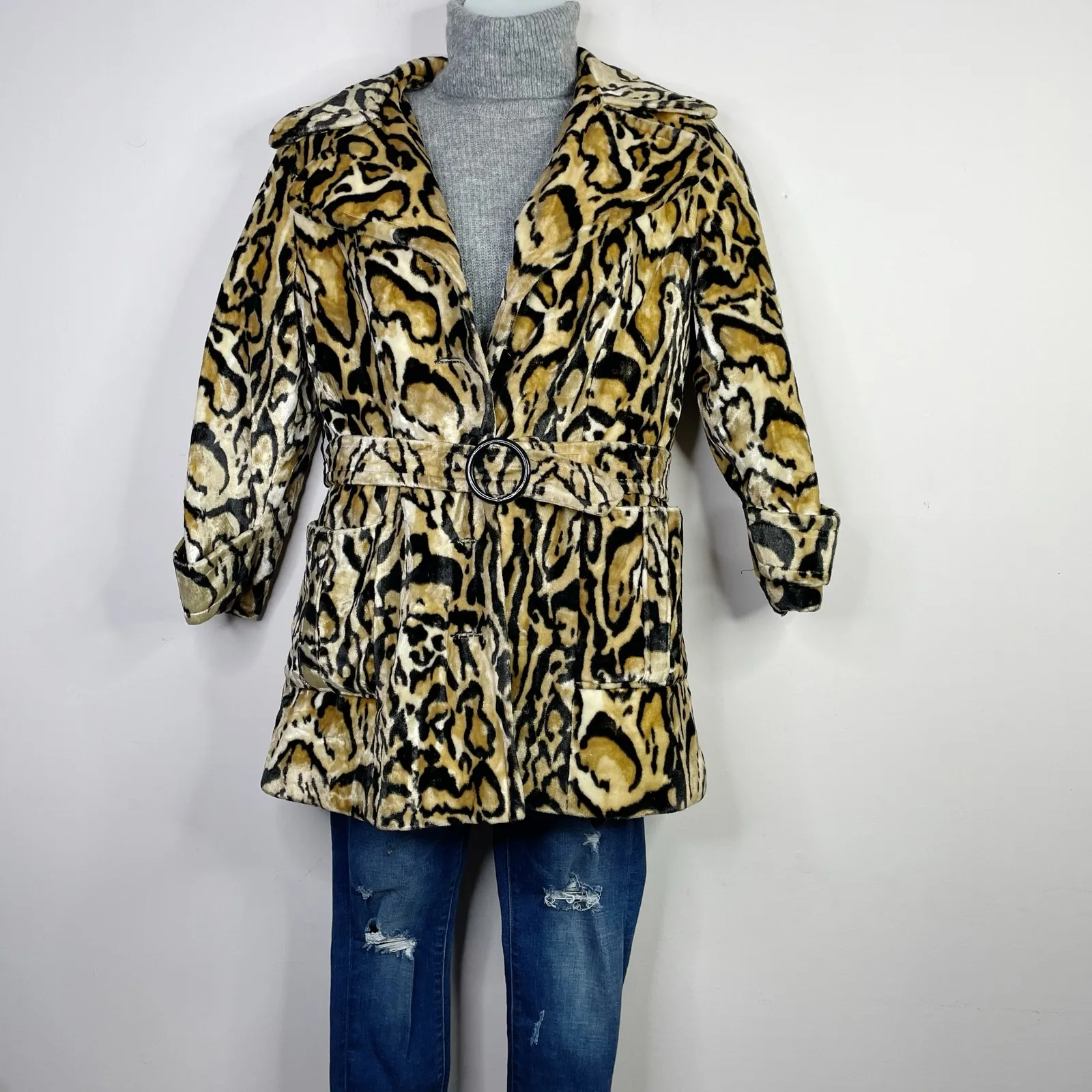 Vintage 60s 70s Glenbrooke Mod Velvet Faux Fur Leopard Ocelot Belted Jacket Coat Multiple Size M - Image 13