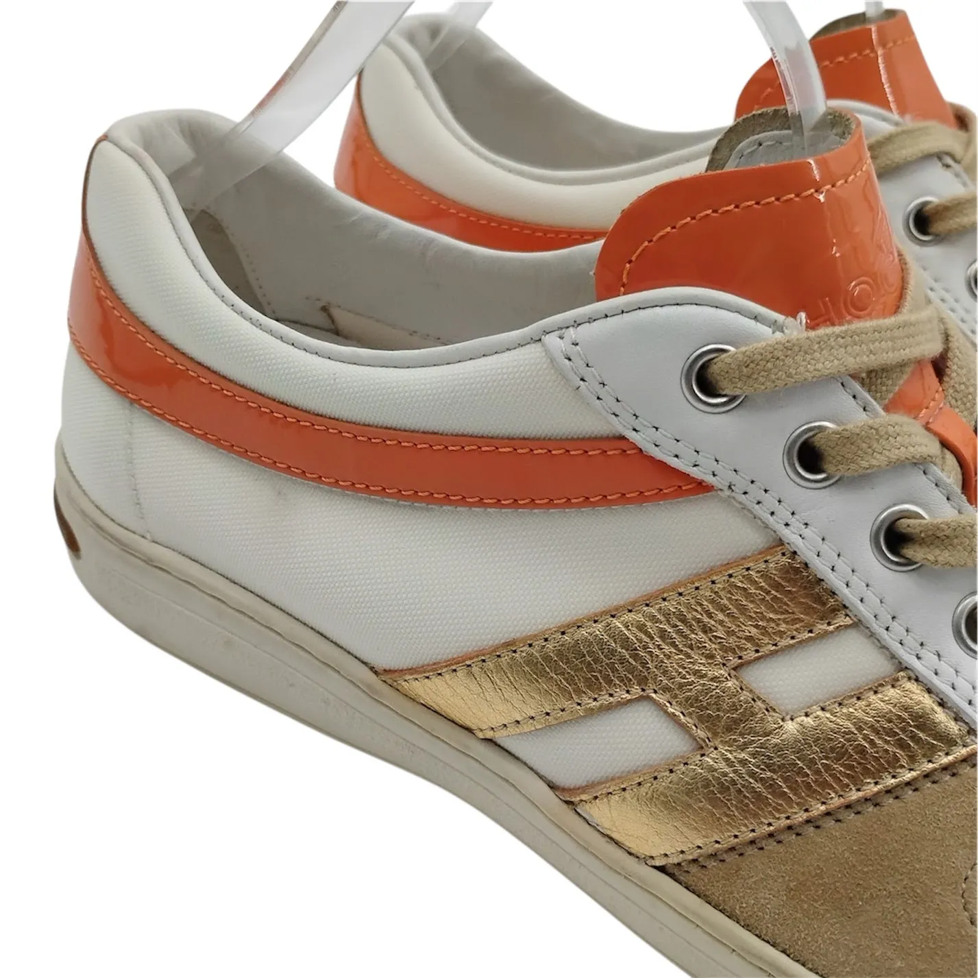 Hogan Womens Size 10 Logo Sneakers Trainers Orange Gold Tan Patent Leather Suede - Image 2