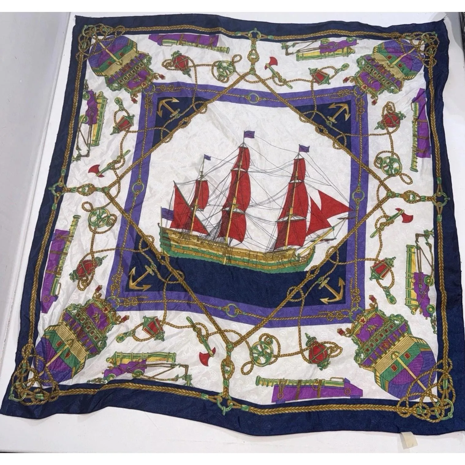 Vintage Nautical Sailboat Flags Chain Print Blue Gold Silk Square Royal Scarf Red - Image 11