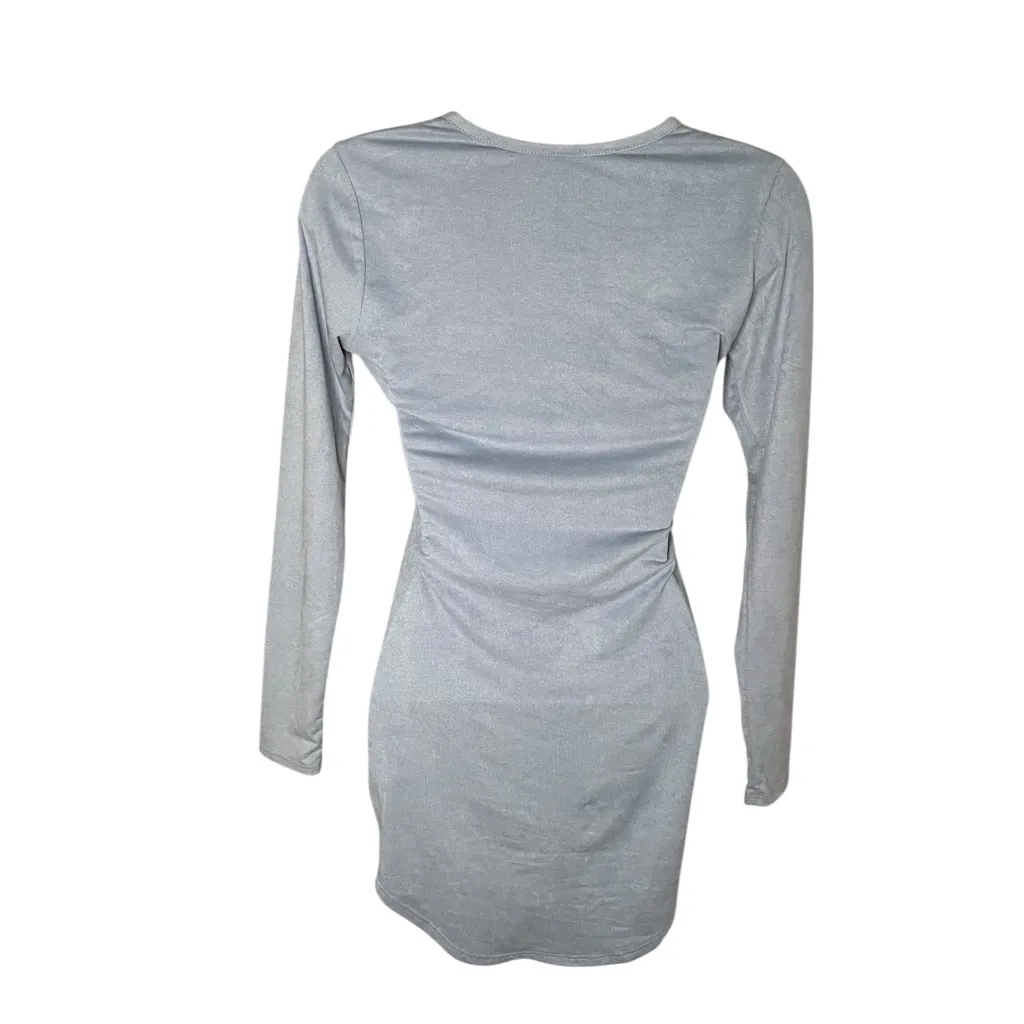 Windsor Faux Suede Bodycon Mini Dress XS Blue Long Sleeve Stretch Velour Look - Image 2