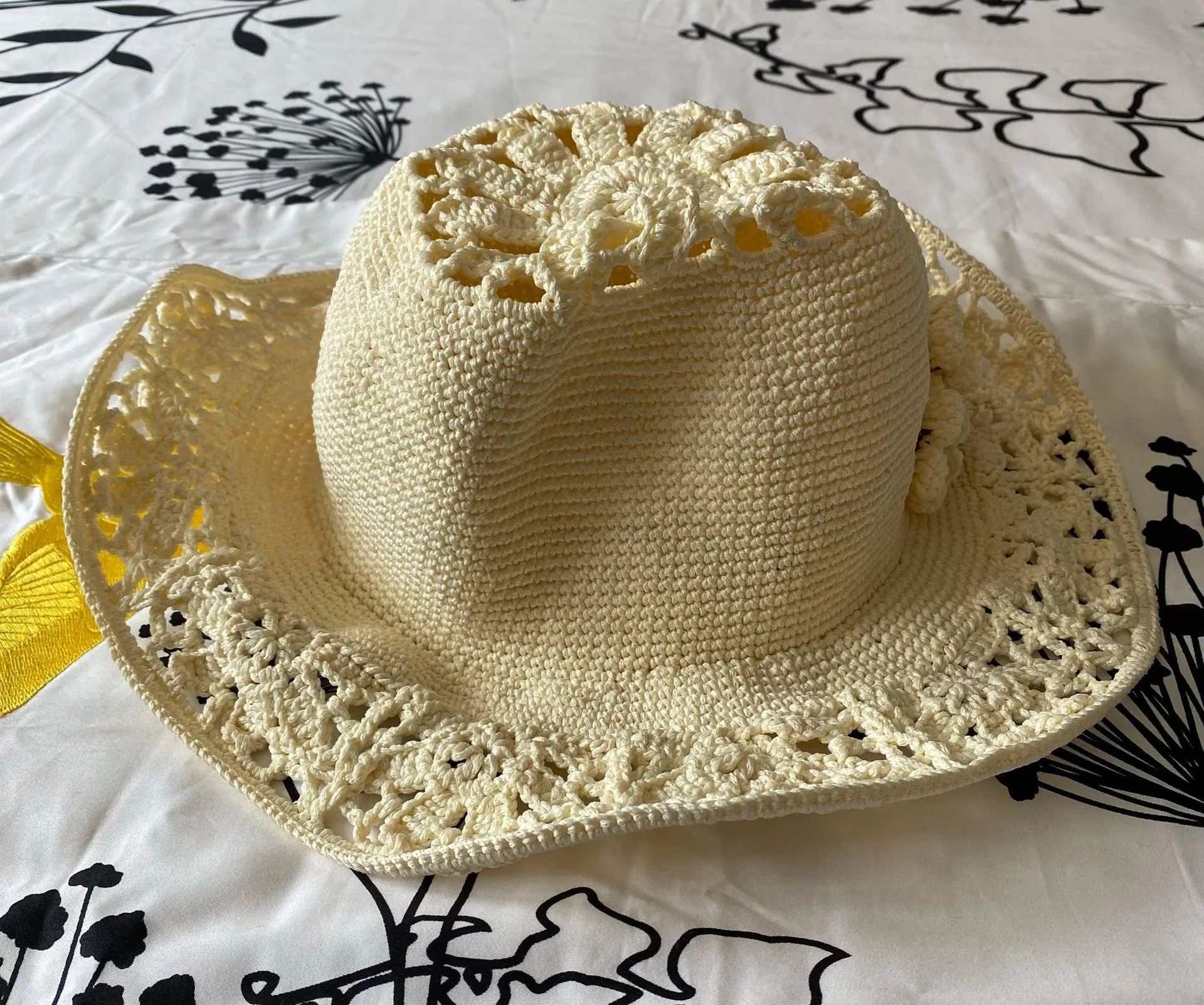 Ivory Crochet Wide Brim Hat with Flowers Tan - Image 3