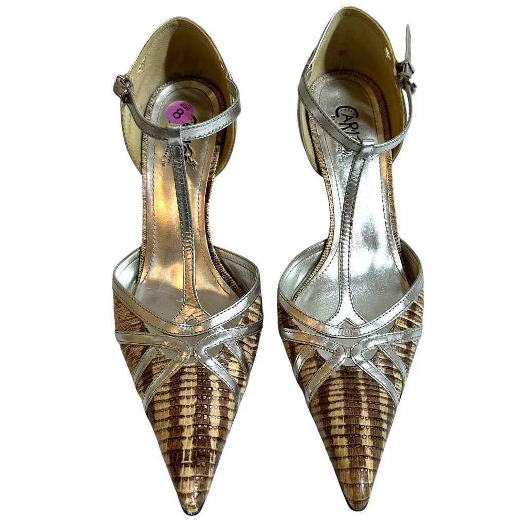 Carlos Santana Taupe and Silver T-Strap Revenge Heels Size 8 M Pointed Toe - Image 3