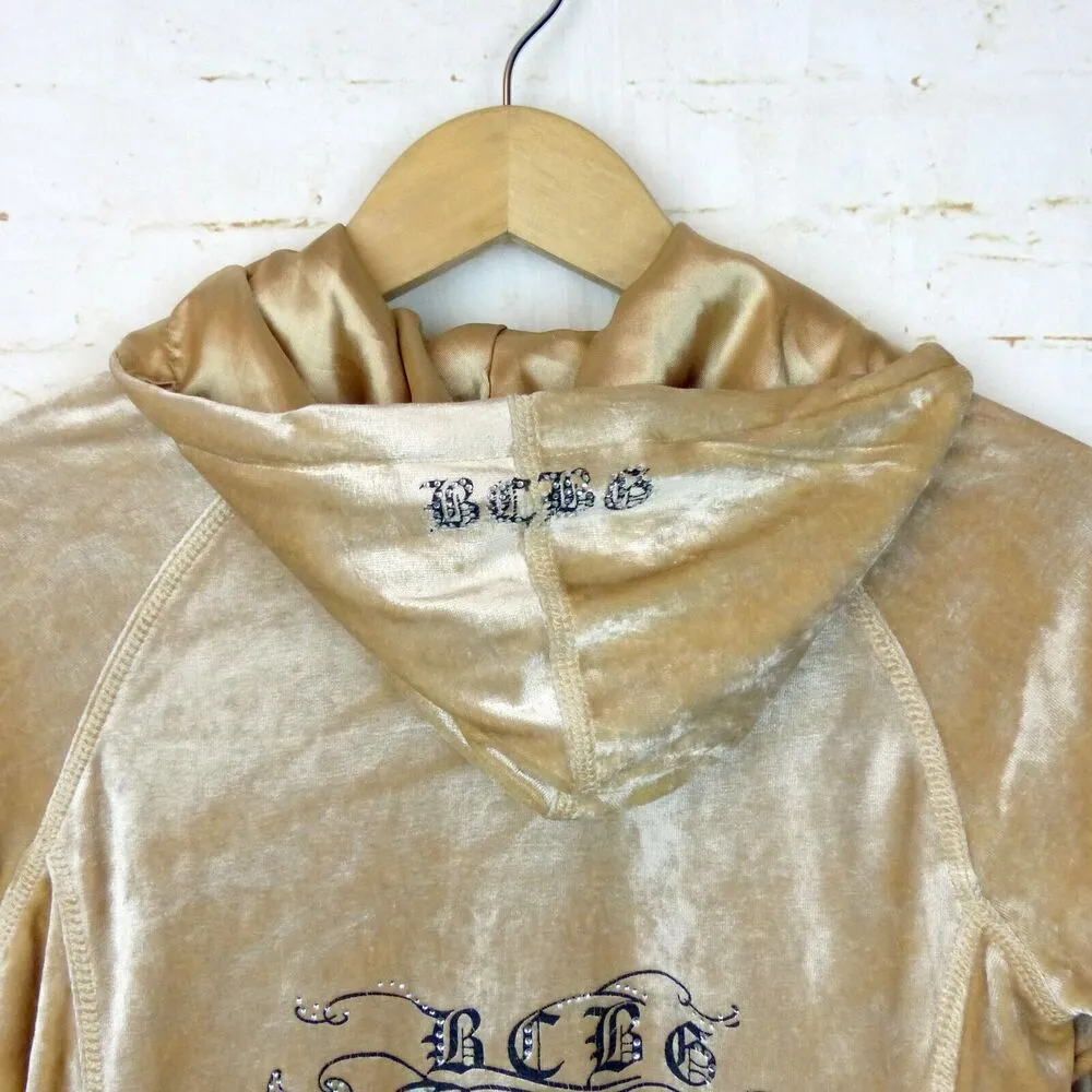 Vtg BCBGMAXAZRIA Y2K Velour Hoodie Track Jacket M Beige Rhinestone Graphic Flame - Image 12