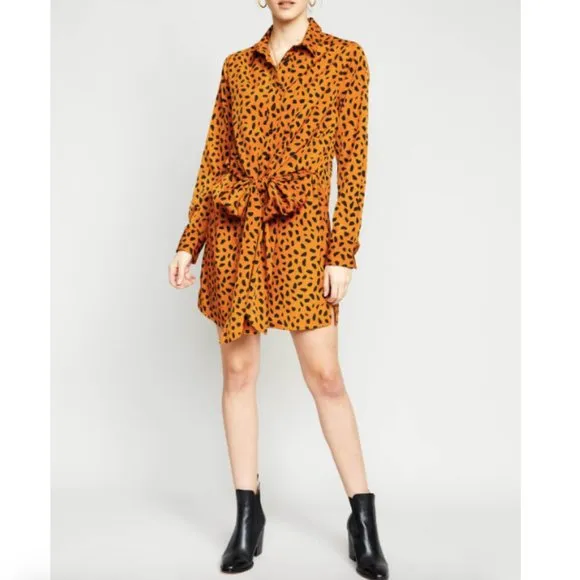 New  Tie Front Button Down Shirtdress Animal Print Long Sleeve Mini - Image 2