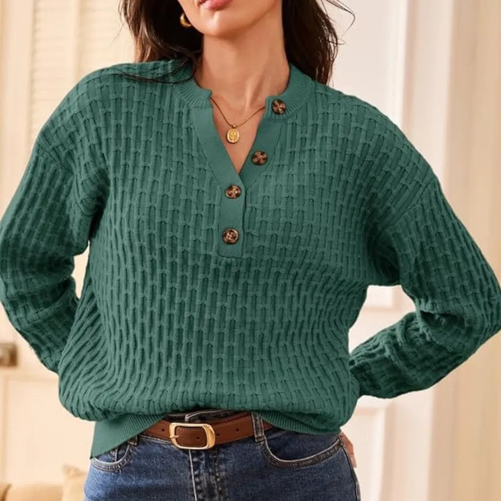 Dokotoo Women’s Casual Long Sleeve Henley V Neck Textured Button Sweater. Size S Green - Image 3