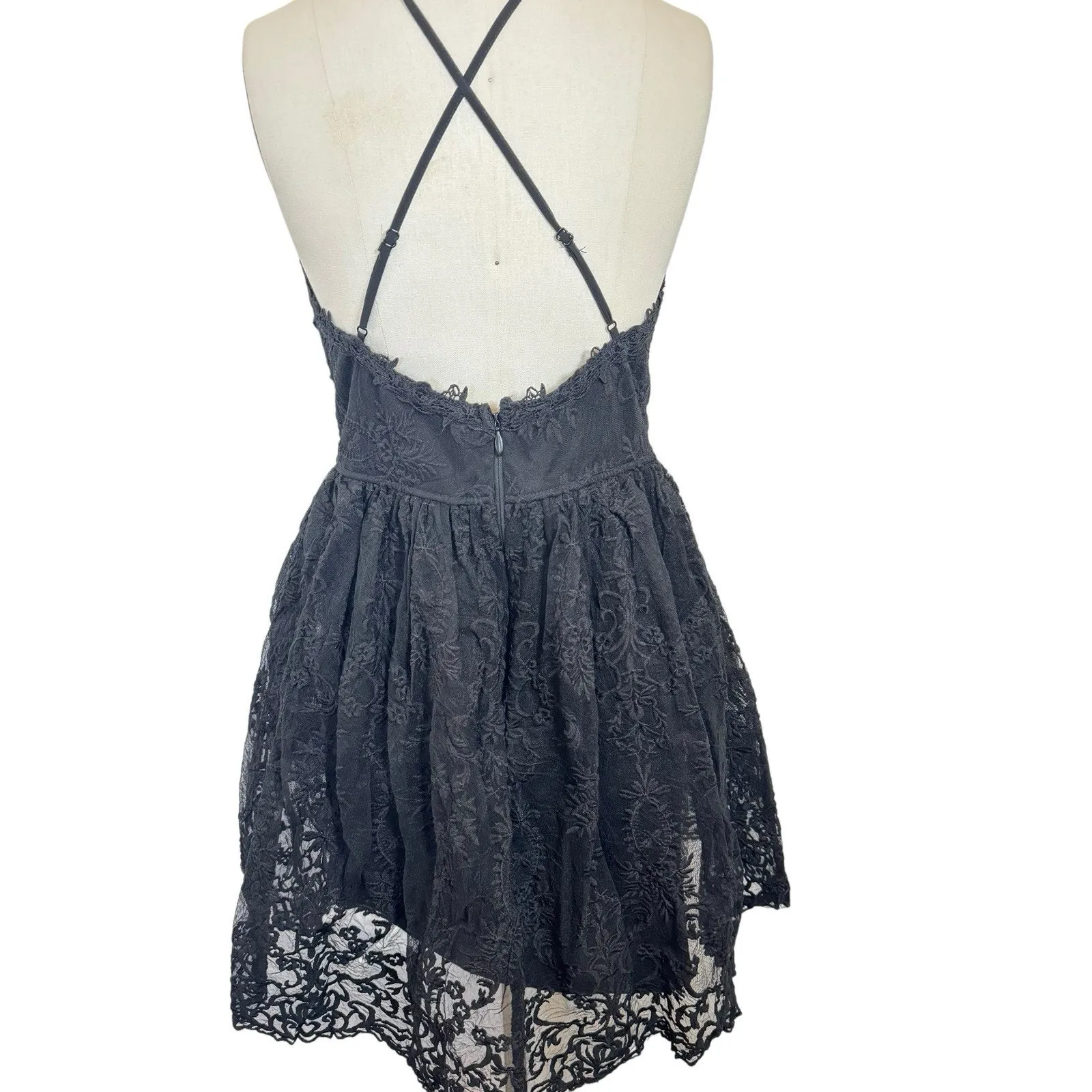 NEW Maniju Lulus Romantic Interlude Black Embroidered Lace Skater Dress Medium - Image 9