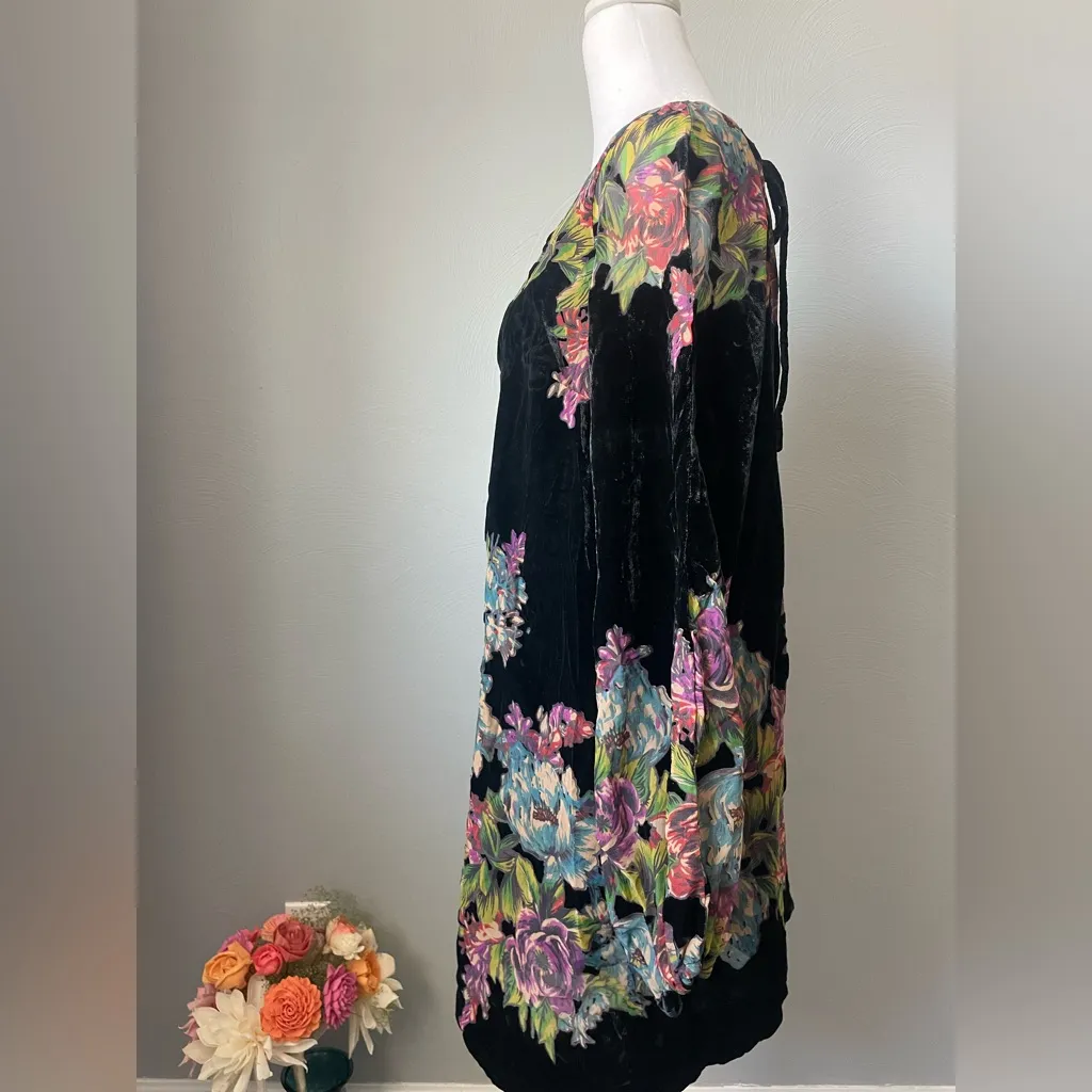 Free People Misha Burnout Velvet Mini Dress Black Floral Boho Whimsigoth V-Neck - Image 5
