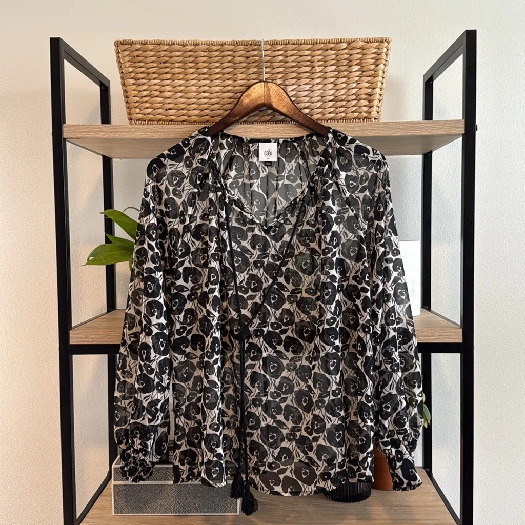 Cabi Island Black White Floral Semi Sheer Long Sleeve #8048 Tassel Tie Blouse, M - Image 2