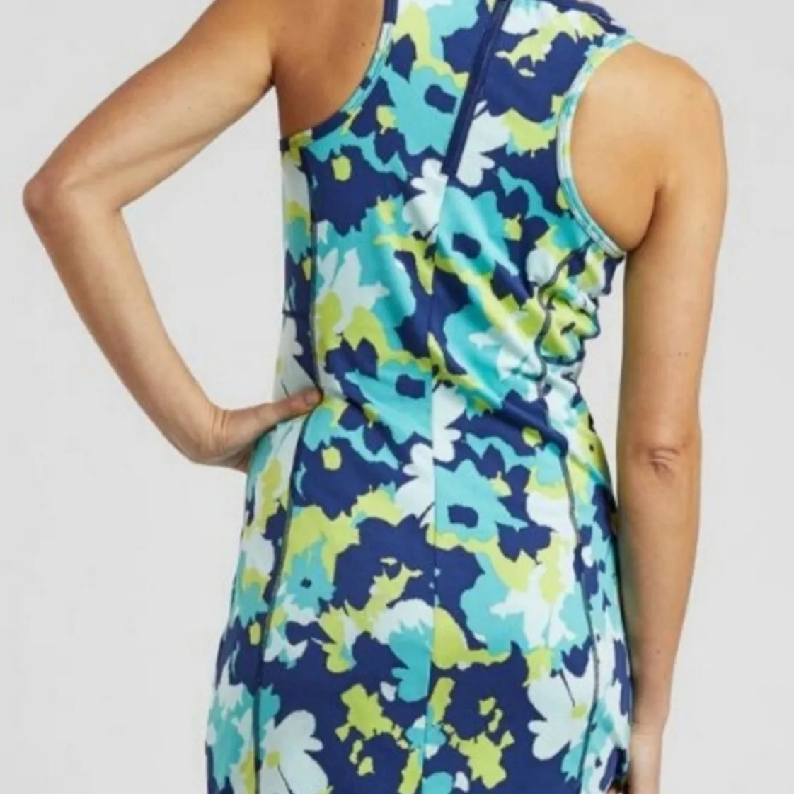 Title Nine Floral Athletic Dress Blue Green Yellow Sleeveless Zip Back Pockets - Image 2