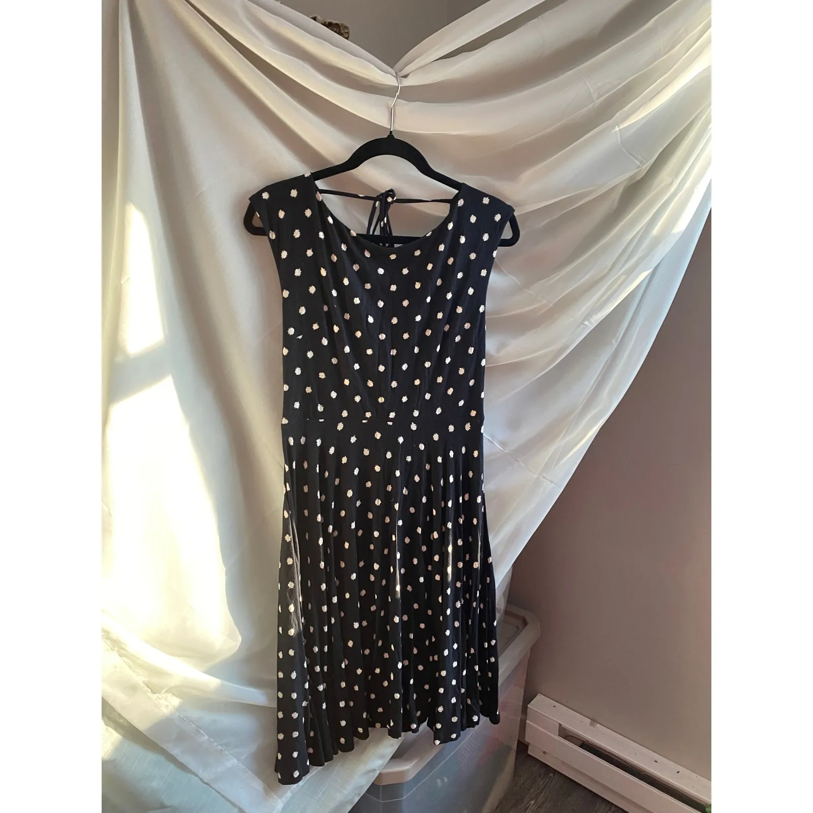 LOFT Polka Dot Fit Flare Black Midi Dress Small Dainty Glam Retro Twee Feminine - Image 3