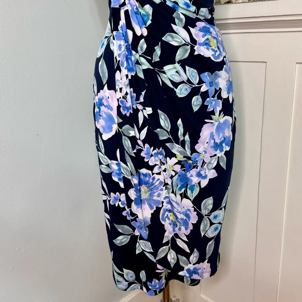 Connected Apparel Floral Ruched Sheath Dress Black Blue Size 8 - Image 4