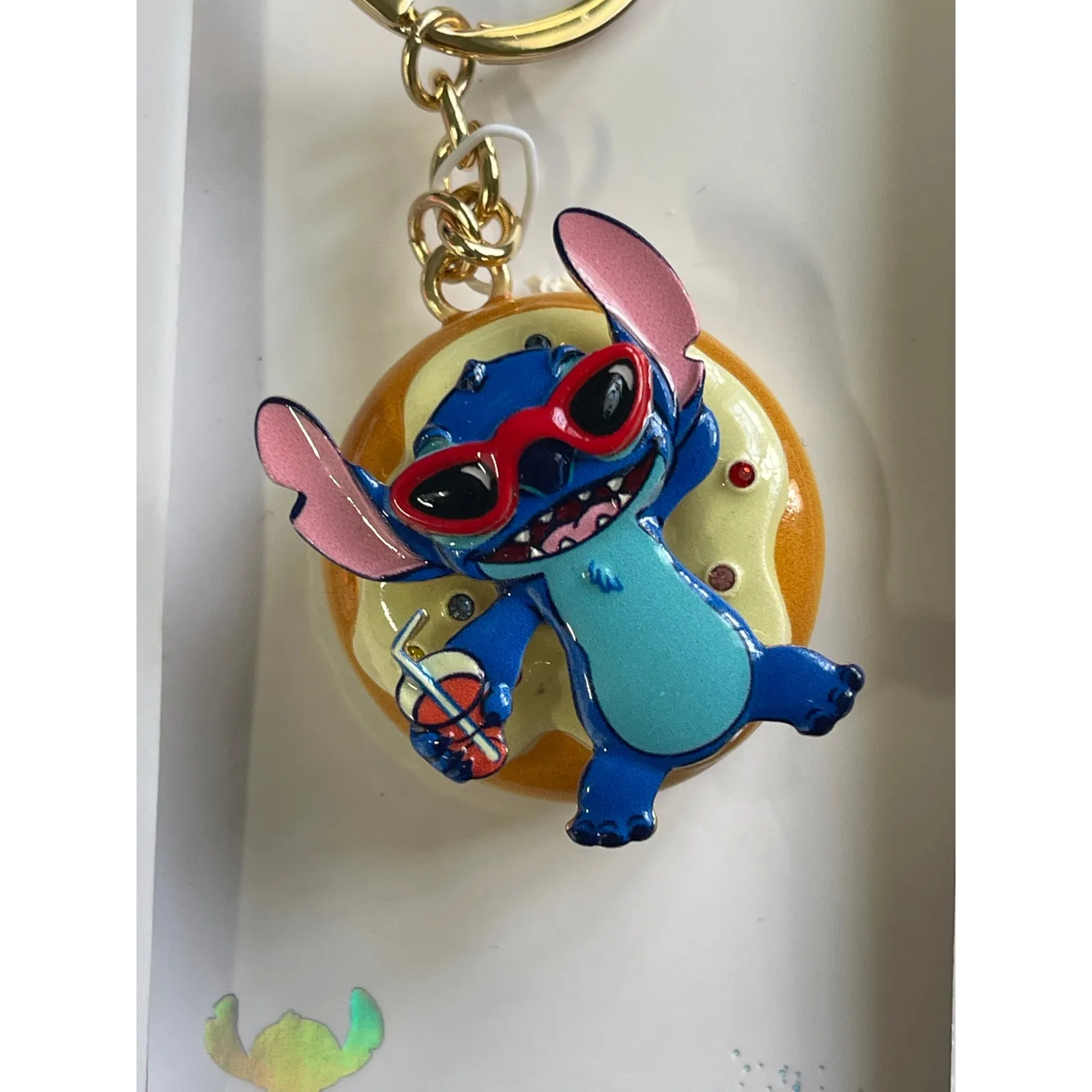 Disney Stitch Donut Floatie Spinner Keychain Charm Clip Gold Tone Sunglasses NEW - Image 2