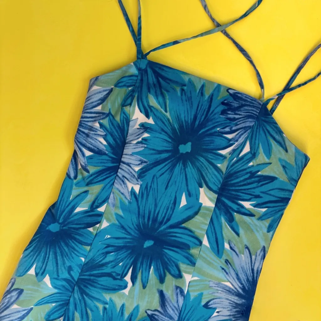 Vintage 90s Blue Floral Sleeveless Strappy Fitted Dress - Image 2