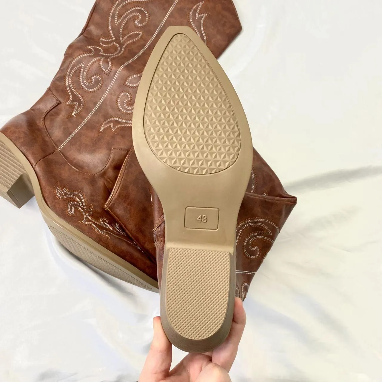 NEW Western Cowgirl Brown Tan Wide Calf Flame Stitched Cowboy Boots US 12.5 - Image 6