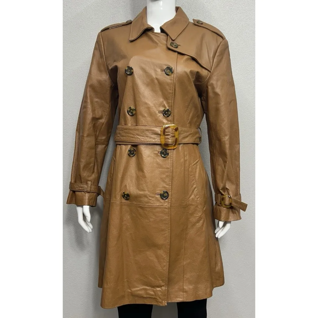Vintage Jerry Lewis Women's Leather Coat Medium Brown Belted Double Breasted - Image 2