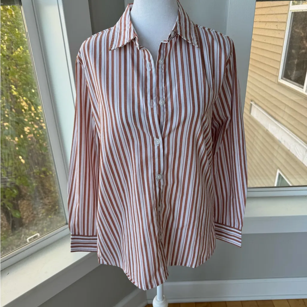 Vintage America’s Sweetheart Orange White Striped Cotton Button Down Dress Shirt - Image 9