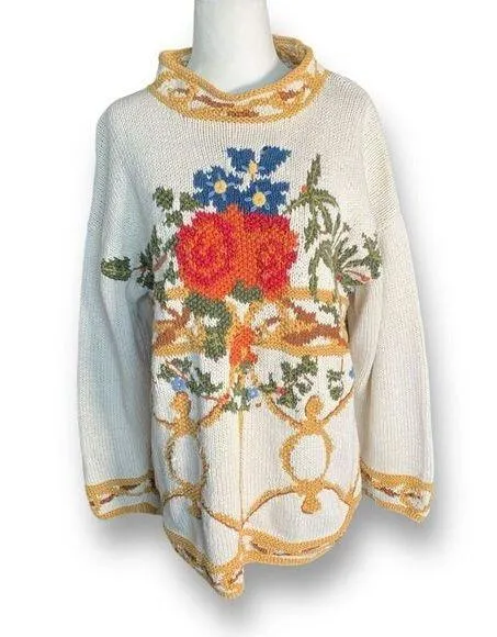 Vintage Lizi Ruch Cream Floral Embroidered Mock Neck Neutral Pullover Sweater Red - Image 1