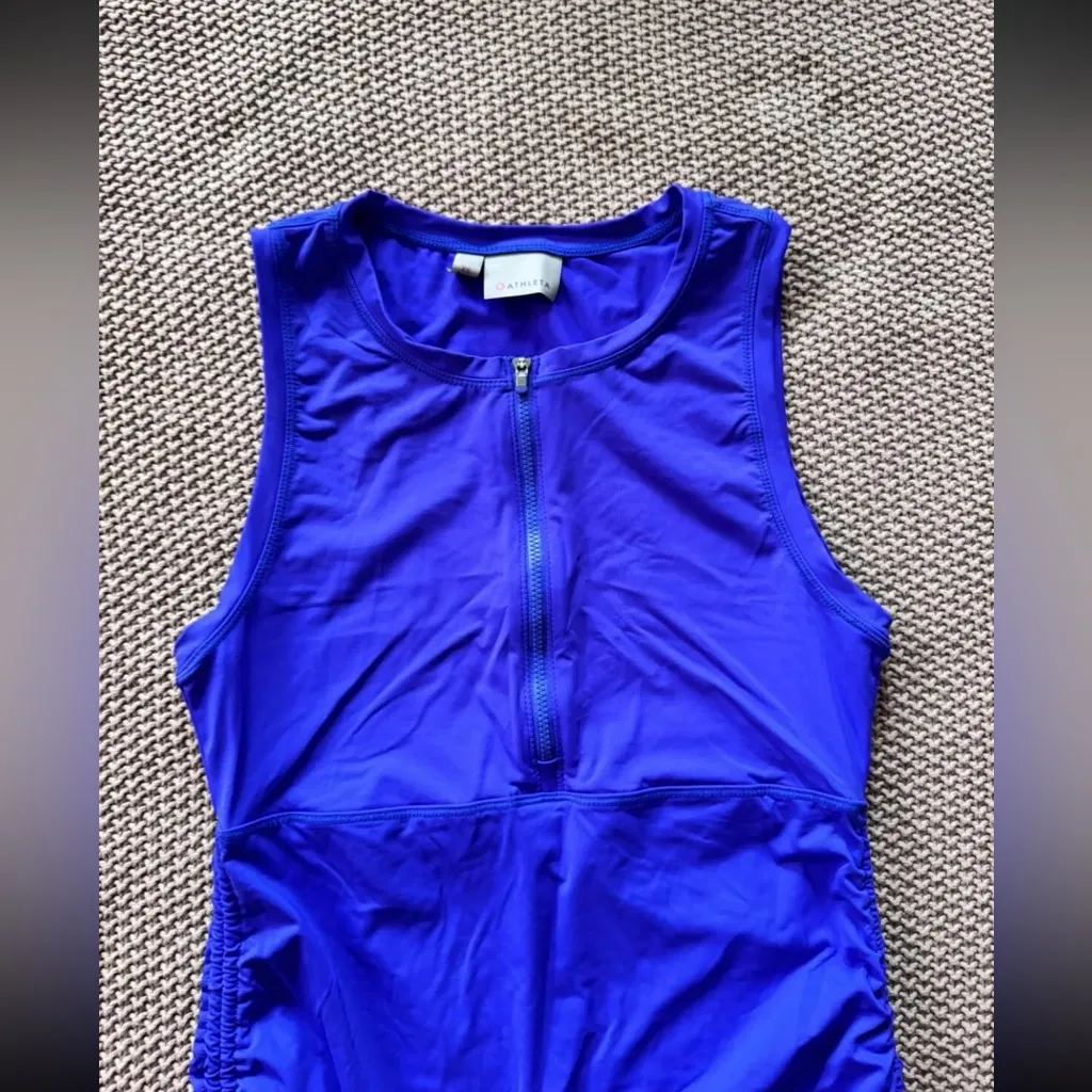 Athleta Top Women's Blue Side Scrunch Front-Zip Sleeveless Stretch Nylon Sz XS‎ - Image 2