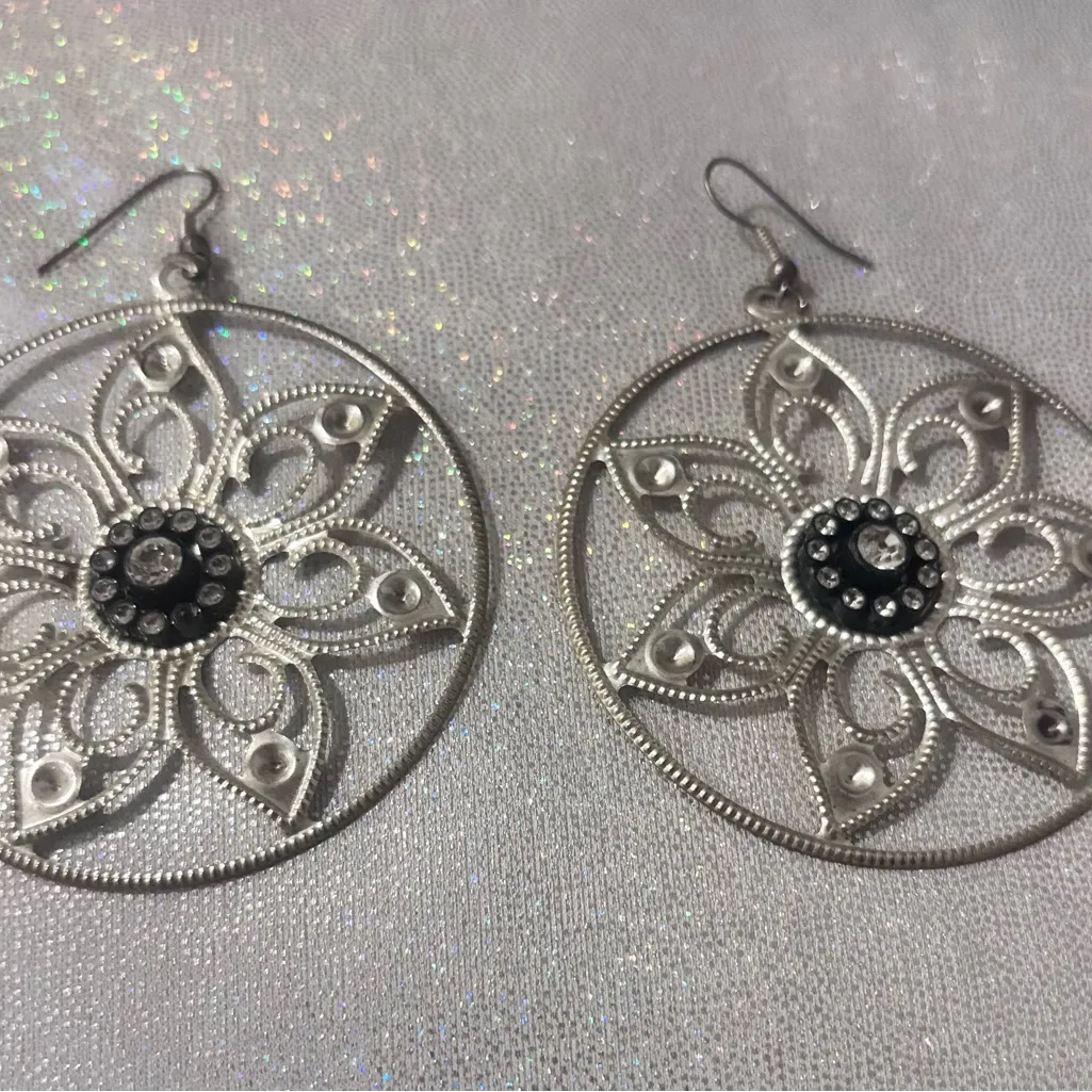 Ann Taylor Sheer Black Lace Top + Silver Floral Statement Earrings | Chic bundle - Image 3