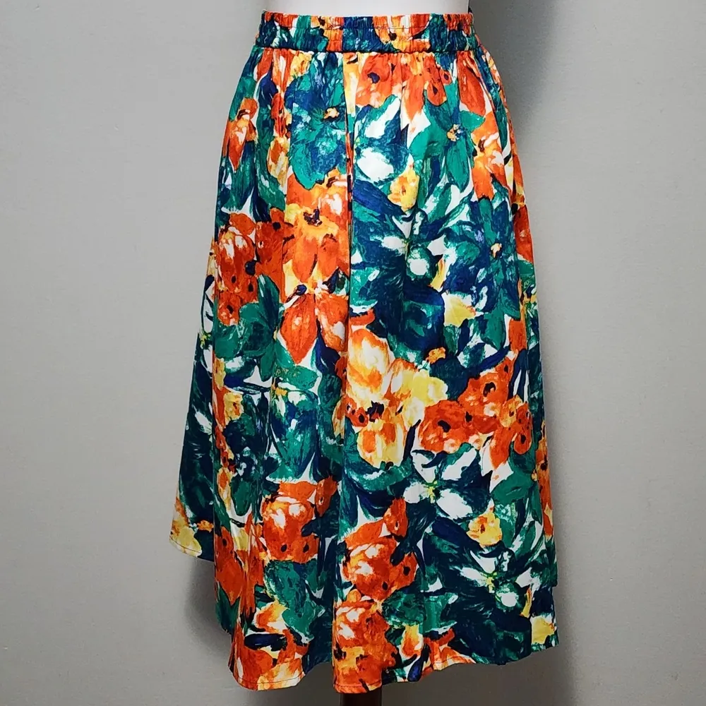 Duo Olowu Green Orange Floral Pull On Full Circle Skirt Size Medium - Image 7