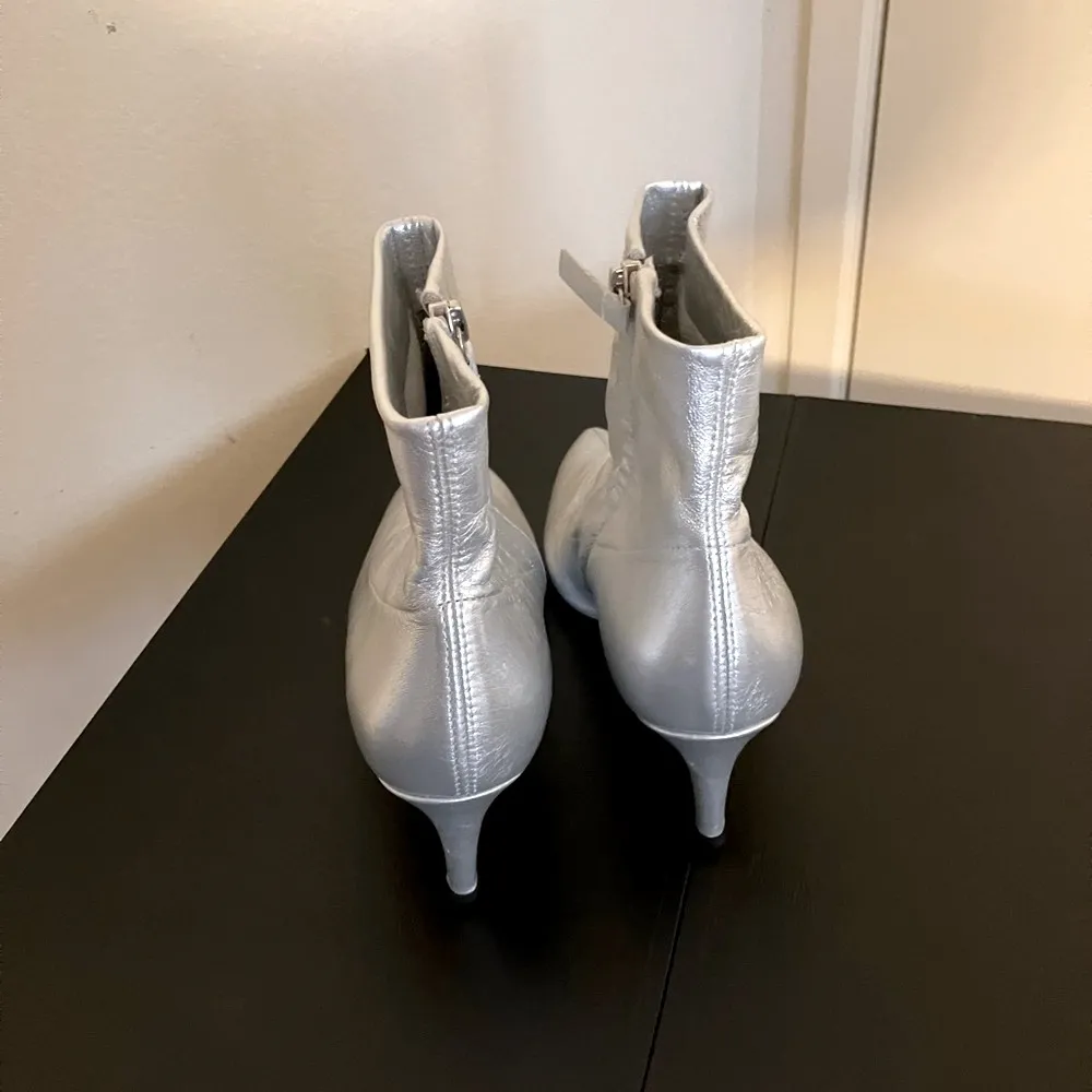 Zara Leather Silver Metallic Pointed Toe Sock Ankle Booties - Image 14