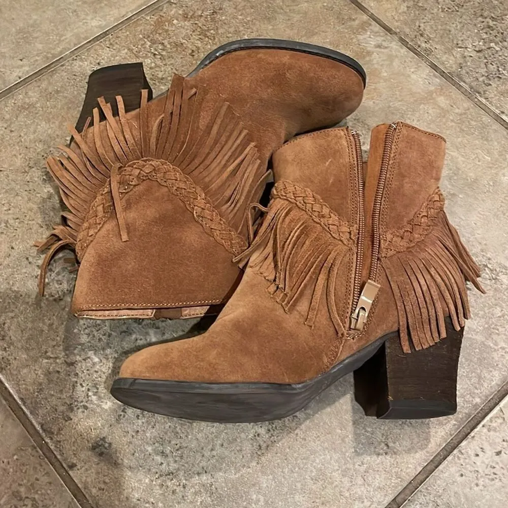 Sbicca Vintage Collection Brown Suede Leather Fringed Ankle Boots Womens Size 7 - Image 8