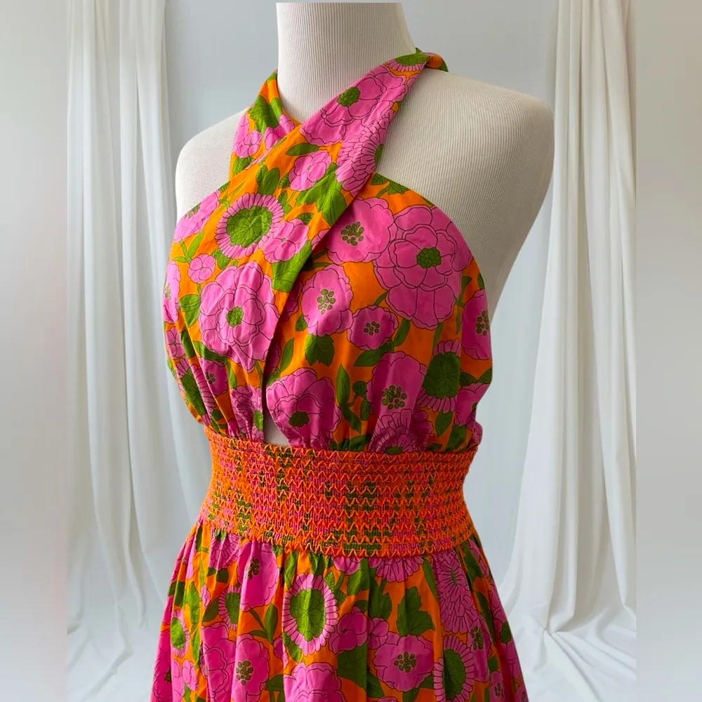 Flora Bea Floral Frasier Cross Halter Backless Flowy Pleated Maxi Dress M Orange Size M - Image 4