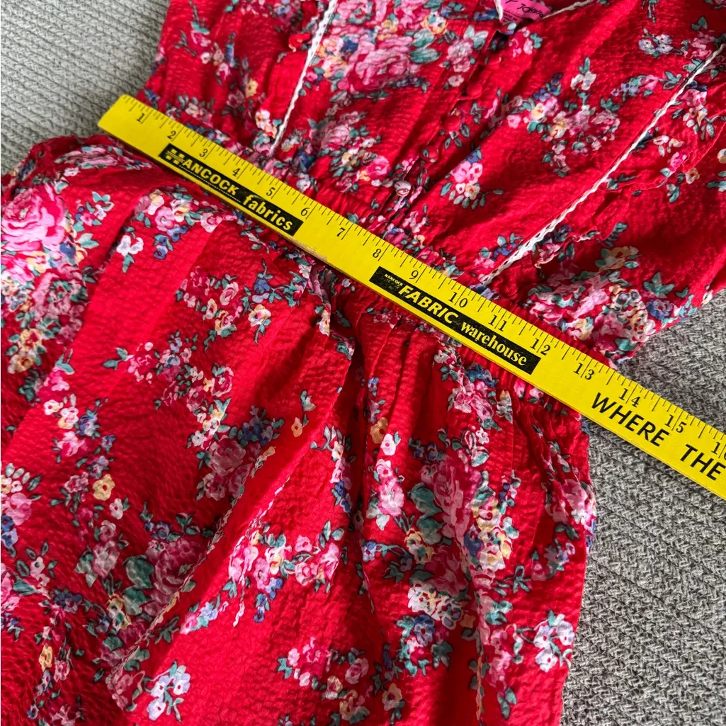 Betsey Johnson Red Floral Seersucker Cotton Bush Garden Flounce Tier Mini Dress - Image 10