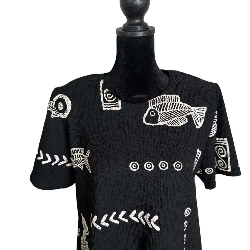 Artsy‎ BOHO Black Top Women Size S Fish Doodle Print Crinkle Art To Wear Fashque - Image 6