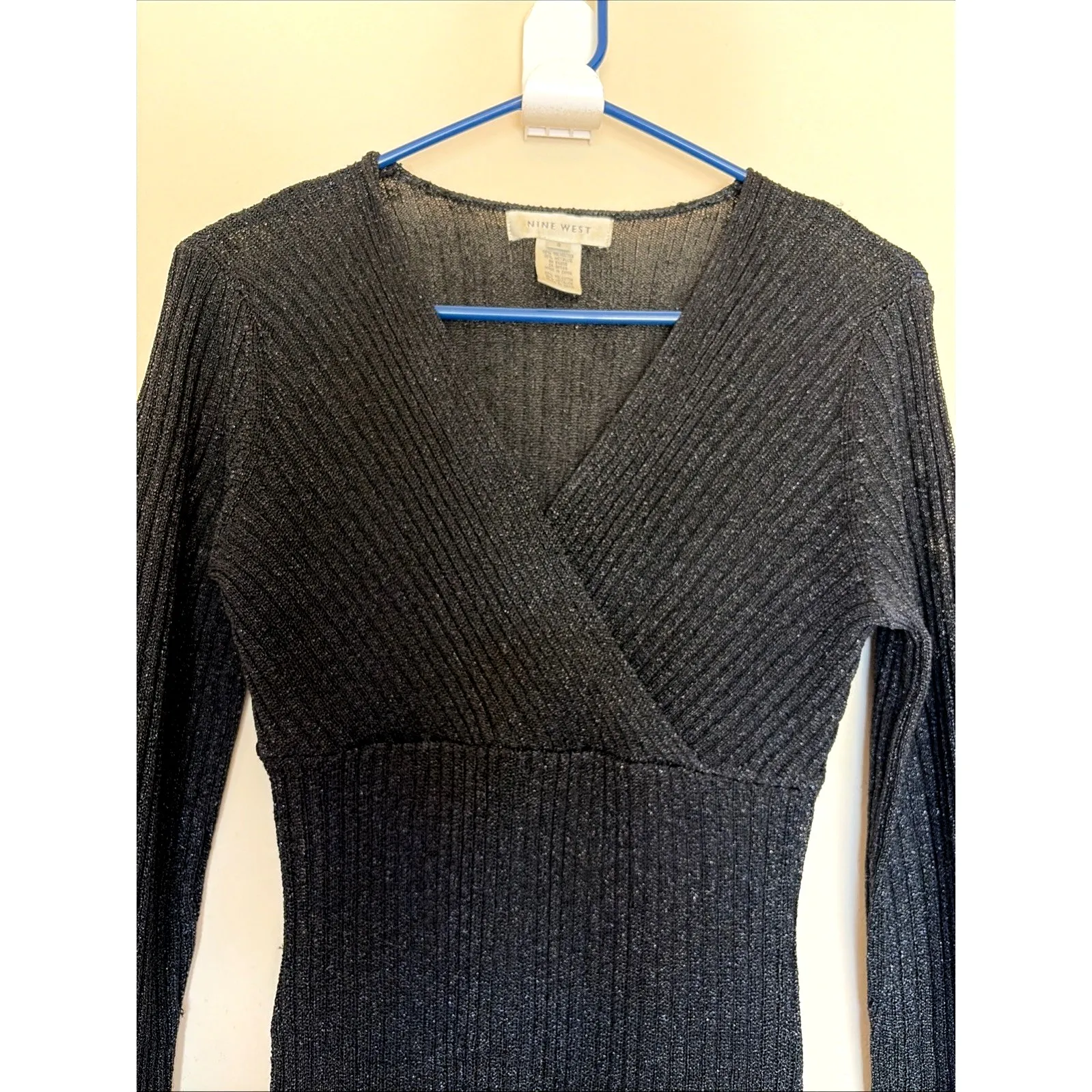 Vintage VTG Y2K Nine West Black Rib Knit Vneck Metallic Club Party Shirt Small - Image 2