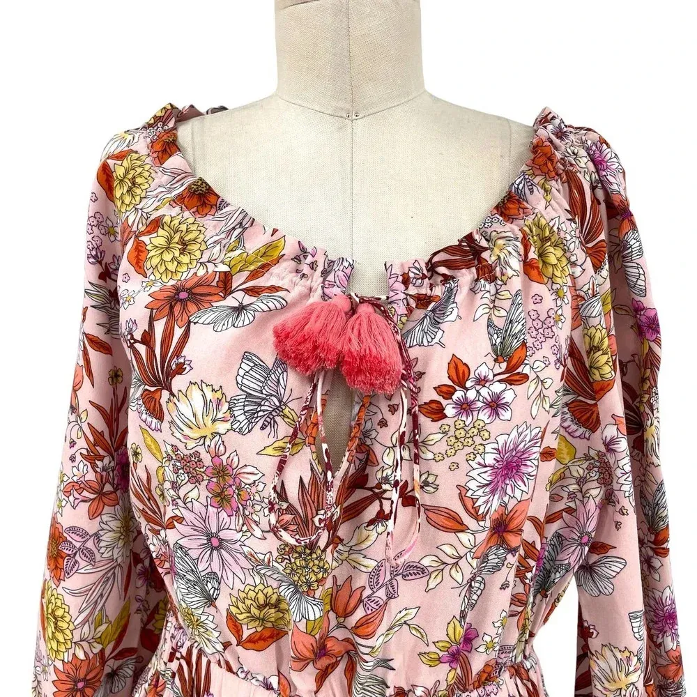 Celina Moon Pom Pom Trim Mini Dress Pink‎ Floral Paisley Print Size Medium Pink - Image 2