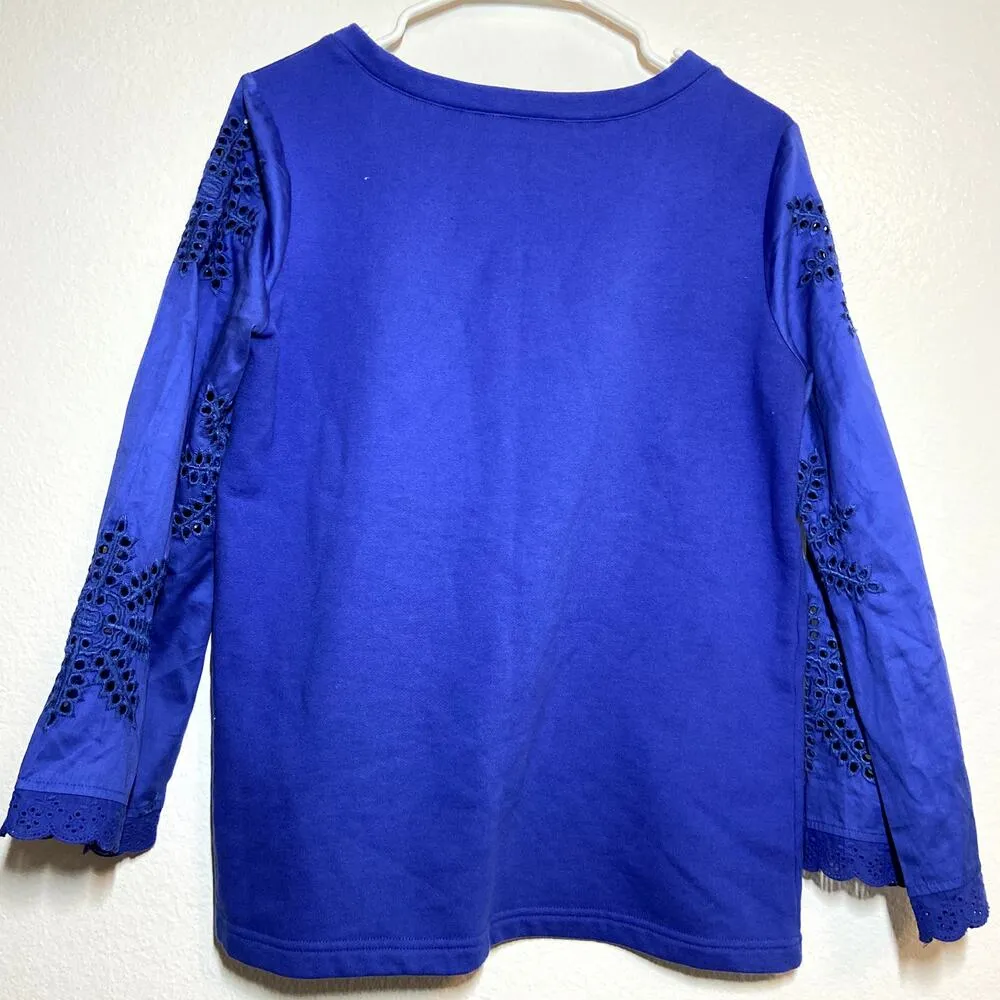 Soft Surroundings Bonavista Blouse Wide Sleeve Eyelet Floral Crew Neck Blue XS - Image 5