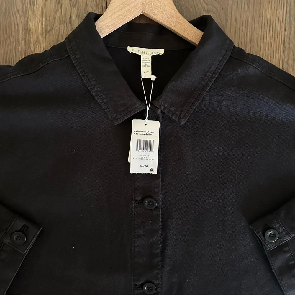 NWT Eileen Fisher Classic Collar Jacket in Cotton Hemp Stretch in Black Size XL - Image 3