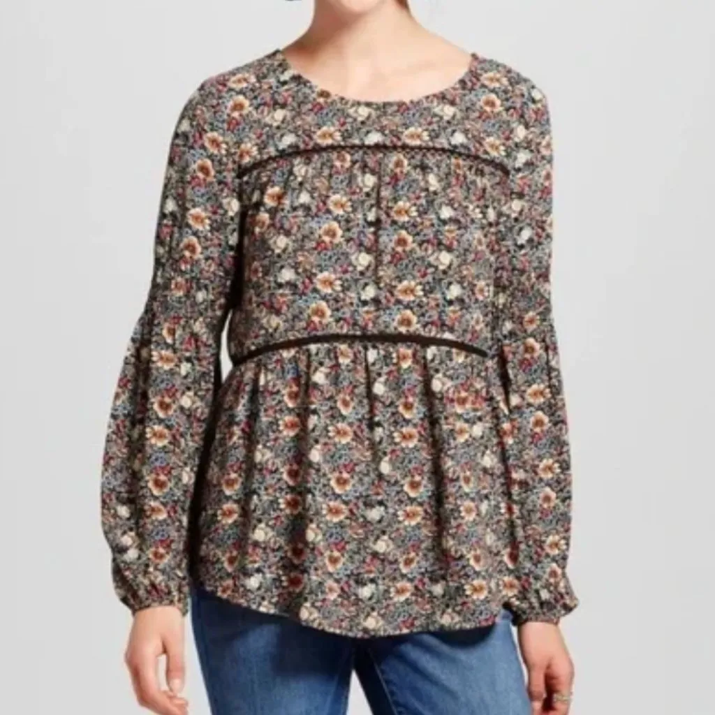 KNOX ROSE Smocked Floral Tie Back Top Black Etc Boho Long Sleeve Peasant Blouse - Image 4