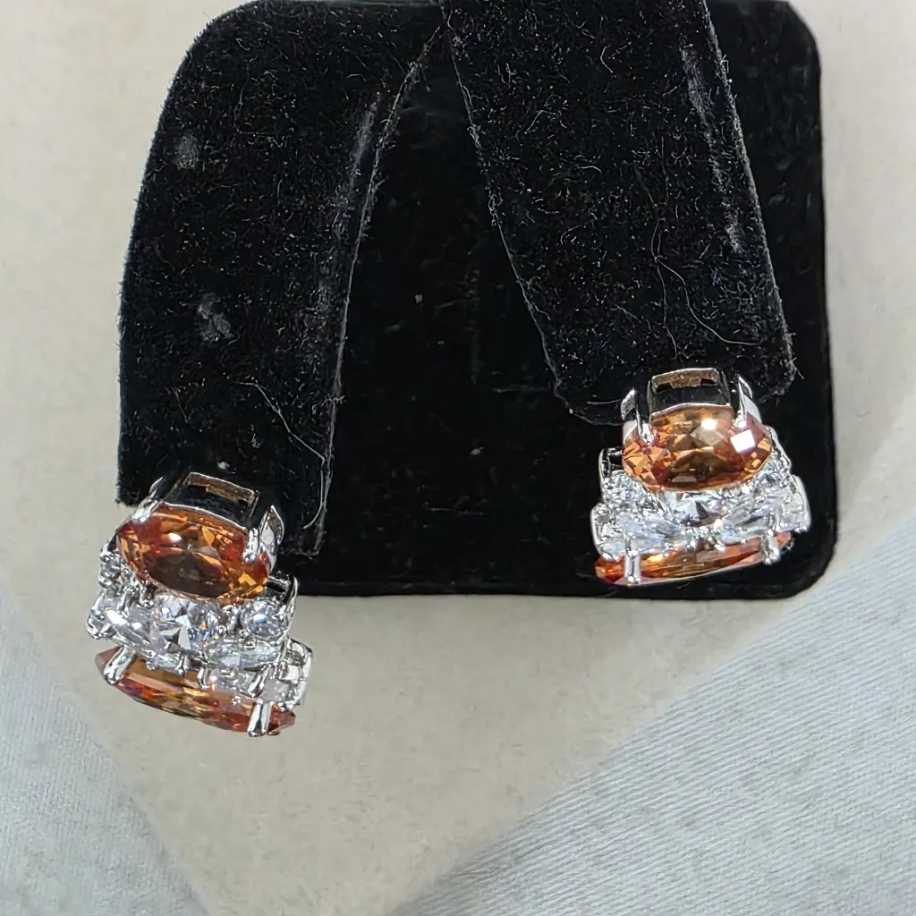 Silver Rhodium with Orange And Clear Zirconia Neckalce and Earrings Set - Image 13