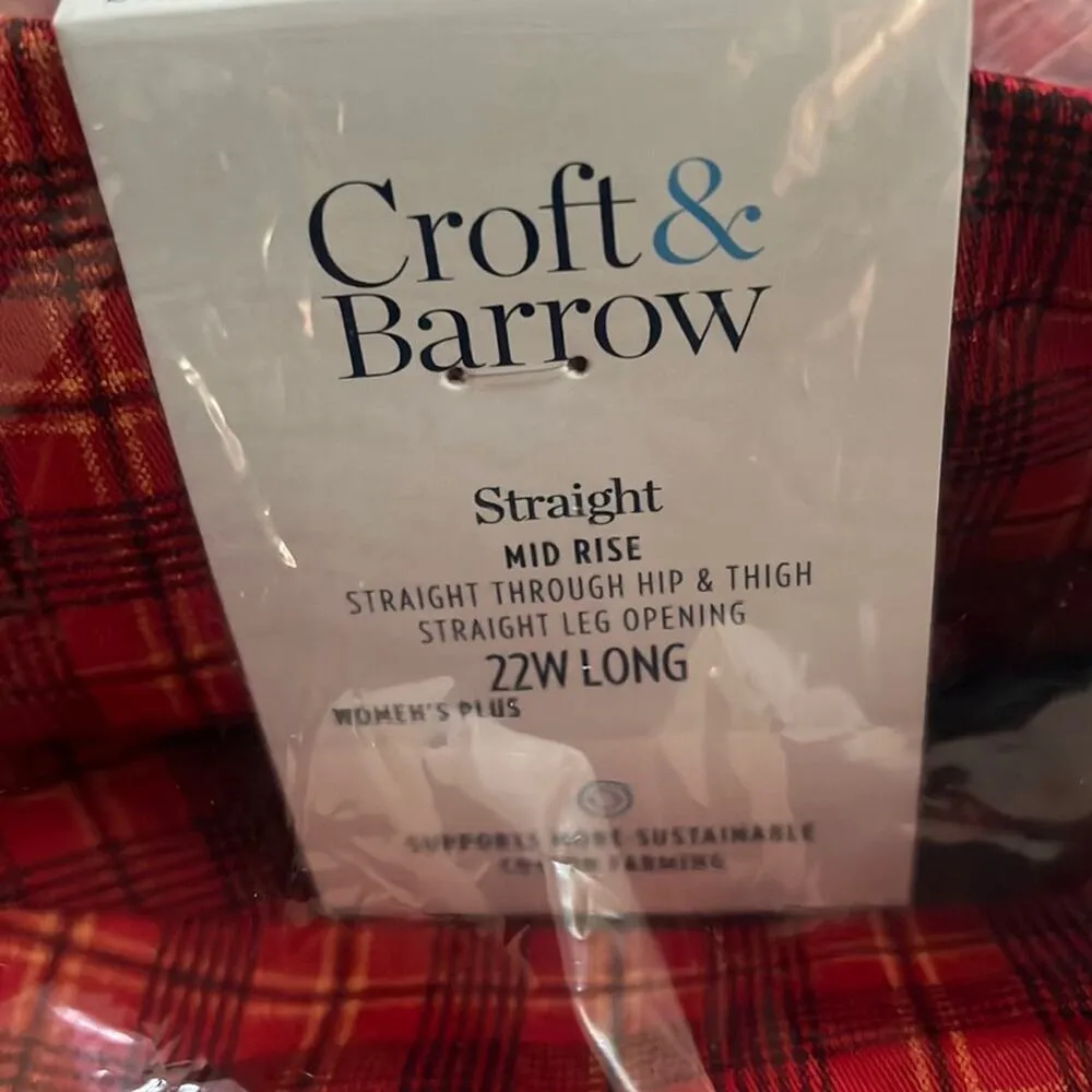 Croft & Barrow Pull On Stretch Pants Straight Fit 22W LONG Red Plaid Valentines - Image 4