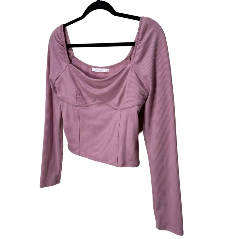 Lush Corset Silhouette Long Sleeve Top Ribbed Jersey Stretch- Dusty Rose Size L - Image 2