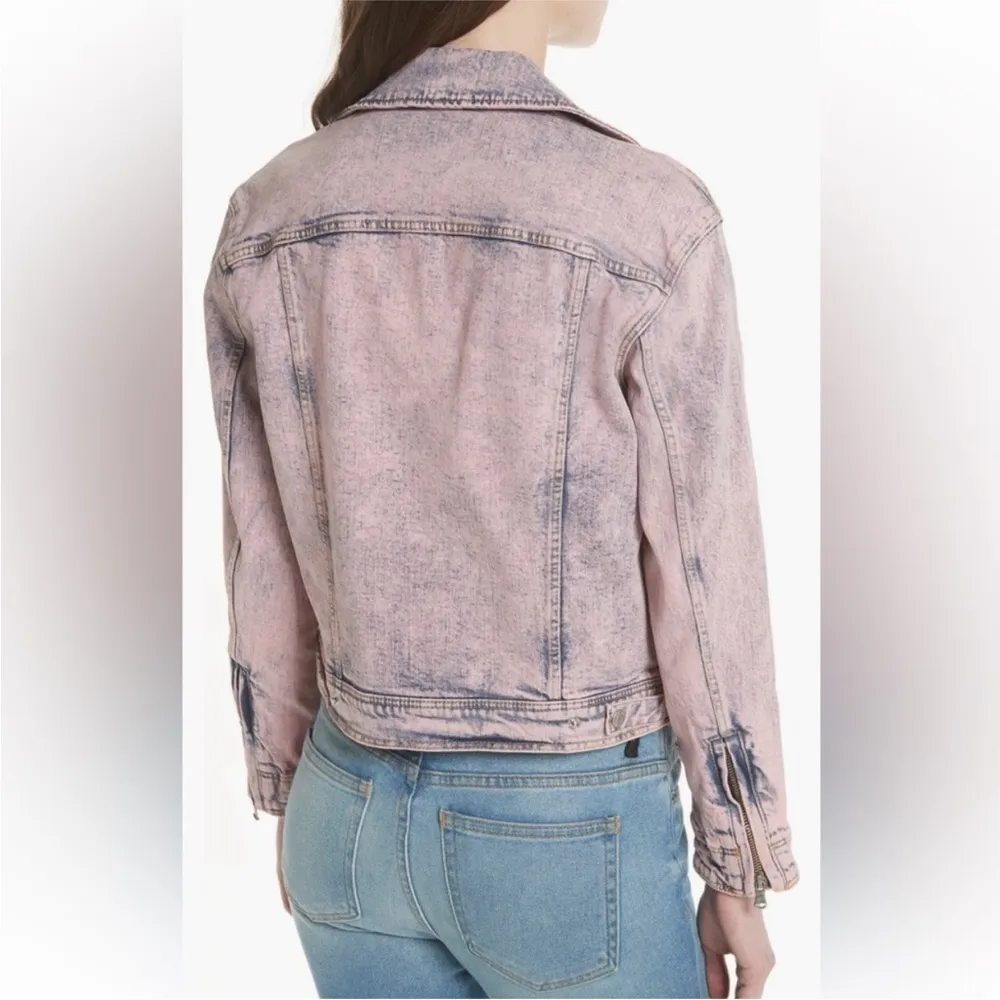 Pink and Blue Jean Denim Jacket Moto Bomber Stone Wash size Small - Image 8