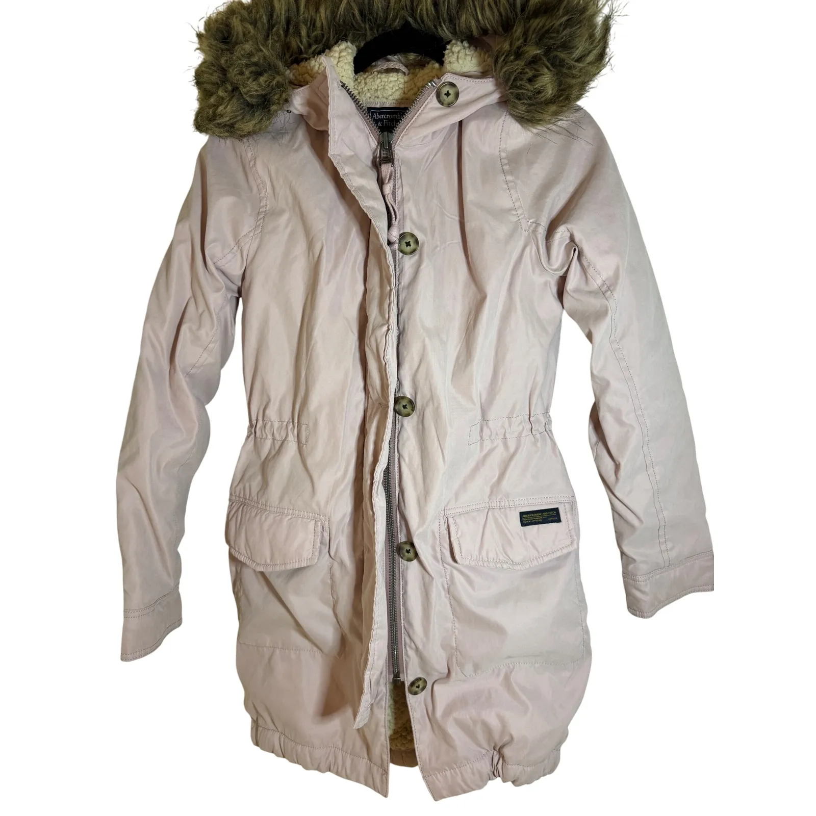 Abercrombie Fitch Pink Sherpa Lined Parka Jacket Hooded Fur‎ Trim XS - Image 7