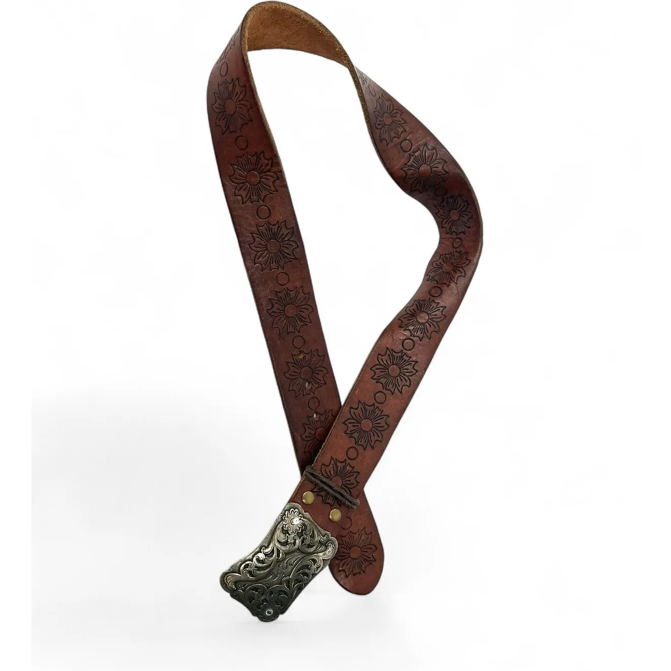 HOLLISTER  tooled leather belt ornate silver-toned buckle Flowers Western XL 37" - Image 4