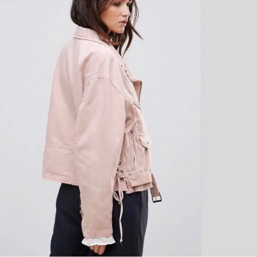 Free People Washed Pink Denim Lace Up Side Moto Jacket - Image 4