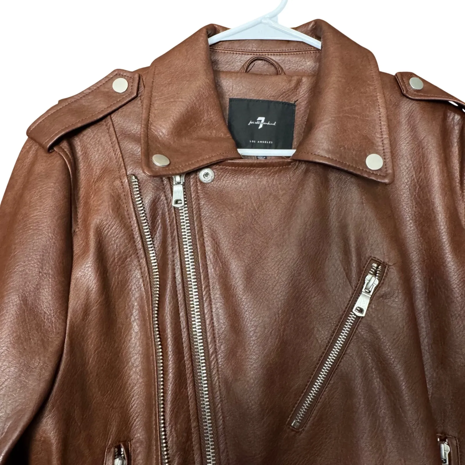 7FAM Faux Leather Moto Jacket Brown Asymmetrical Zip Women L Biker Chic PunkRock - Image 6