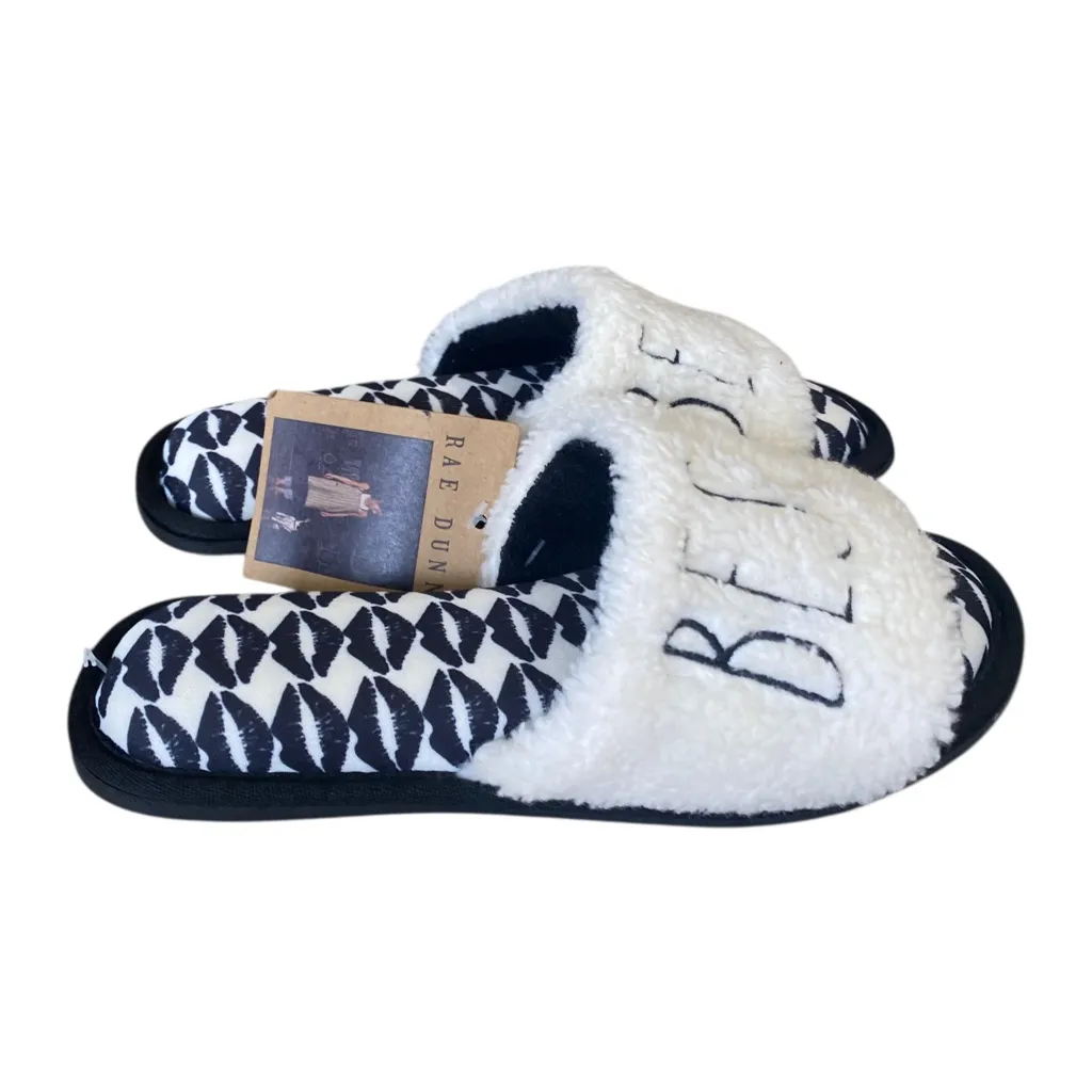 Rae Dunn Black and White “BESOS” Kisses Fuzzy Slippers NEW Size SMALL - Image 2