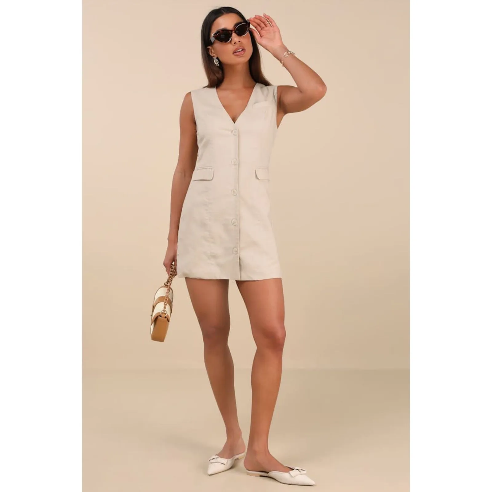 Lulus Mairi Beige Linen Button-Front Sleeveless Mini Dress - Image 11