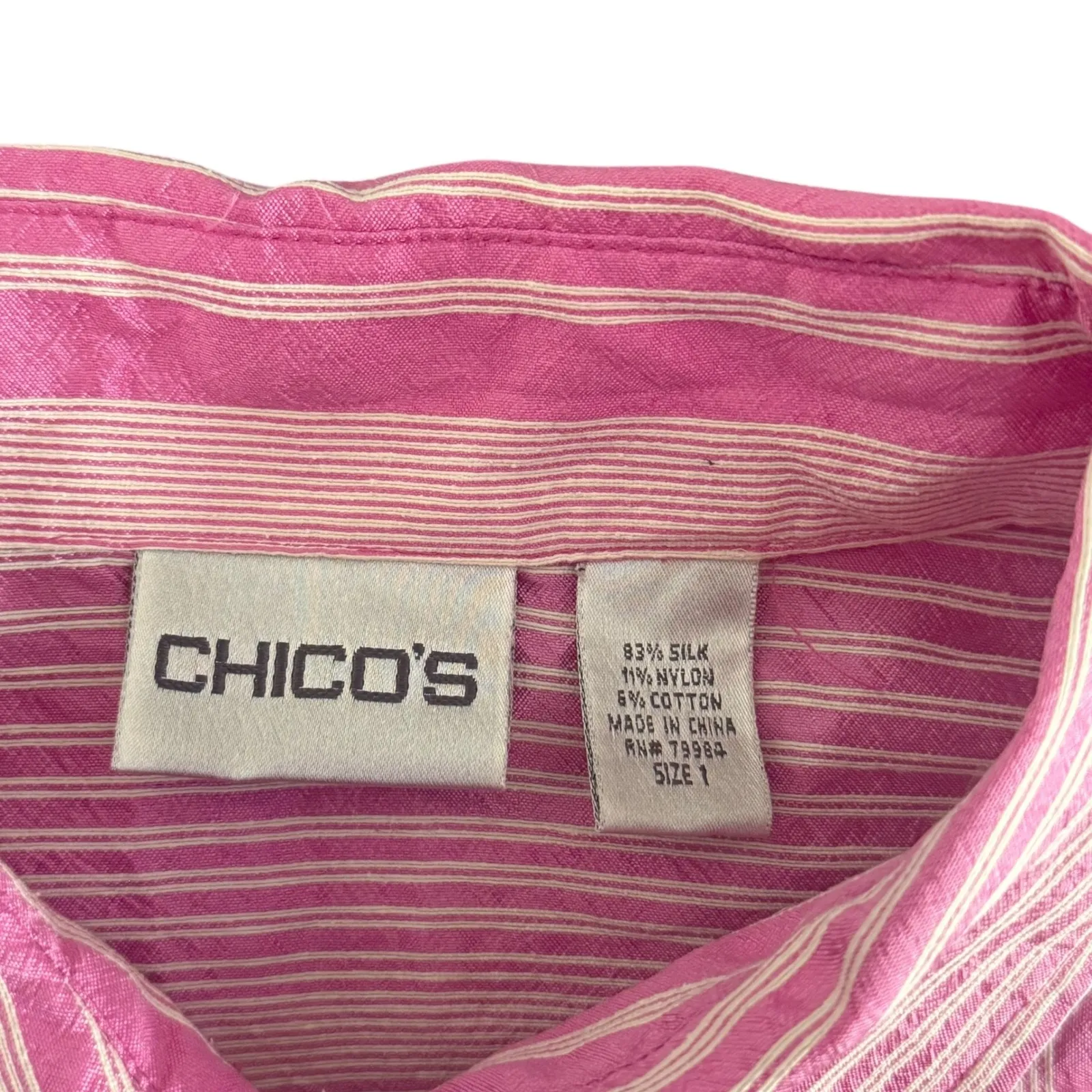 Chicos 1 Pink White Striped Button Down Top Size M Silk Blend Preppy Collared - Image 4